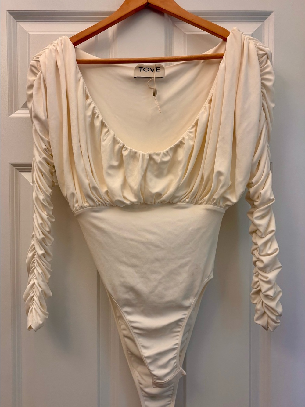 Tove Beige Ruched Bodysuit  sz 40/8-10  Retail $729 one small spot, see photos